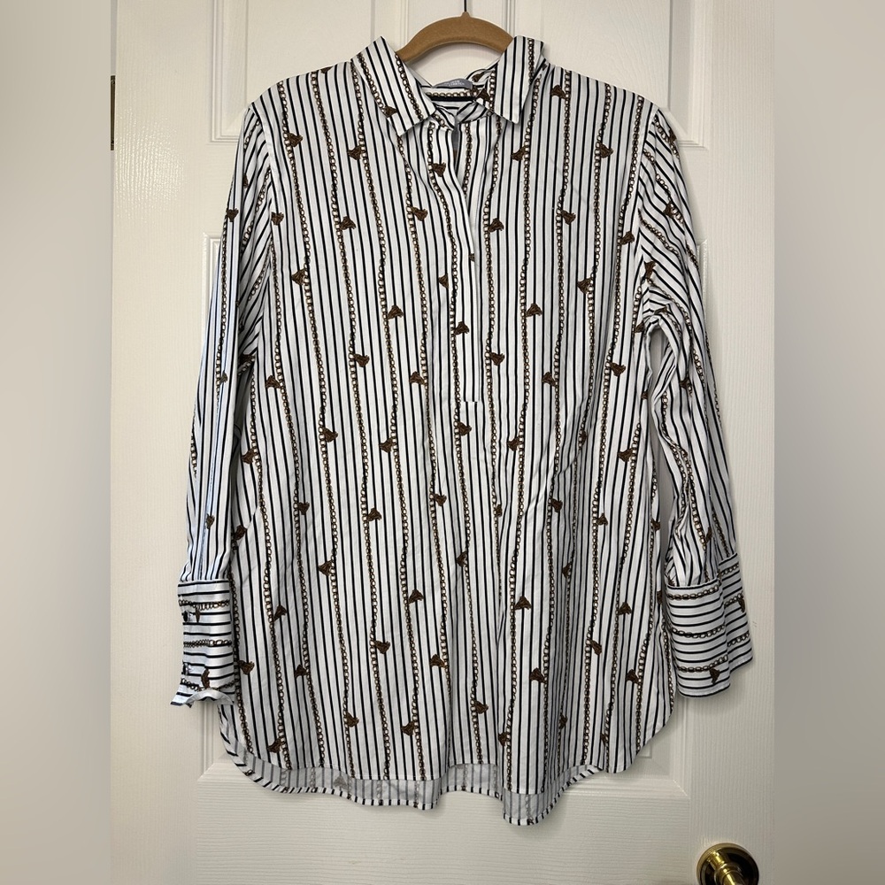Chico's White and Brown Patterned Button Down Shirt
